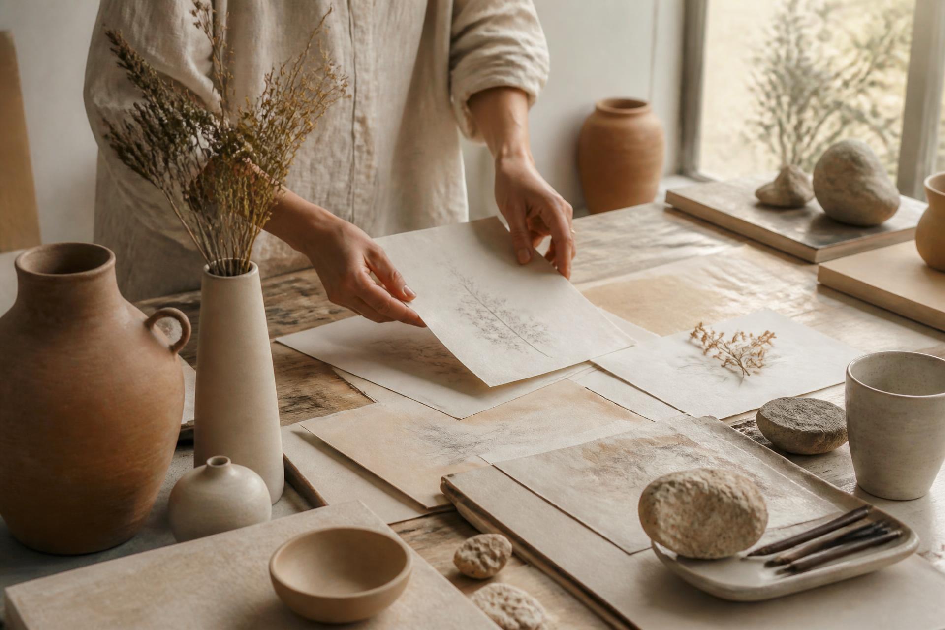 Materiales, bocetos y referencias sobre una mesa de trabajo