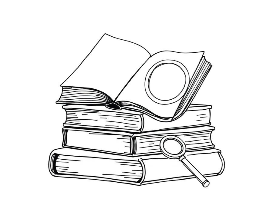 Ilustración lineal de libros y una lupa